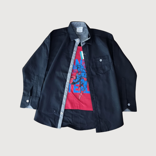 Boys 2-Piece Casual Set -Black Outer with Stylish Red Inner T-Shirt close