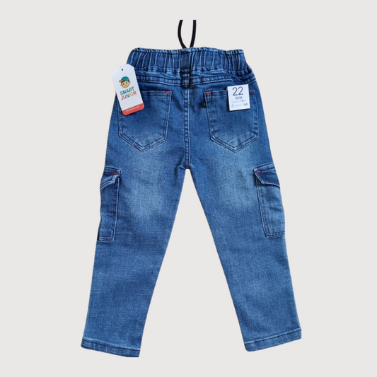 Kids Blue Denim Cargo Jeans -Soft Fabric, 6 Pocket Style