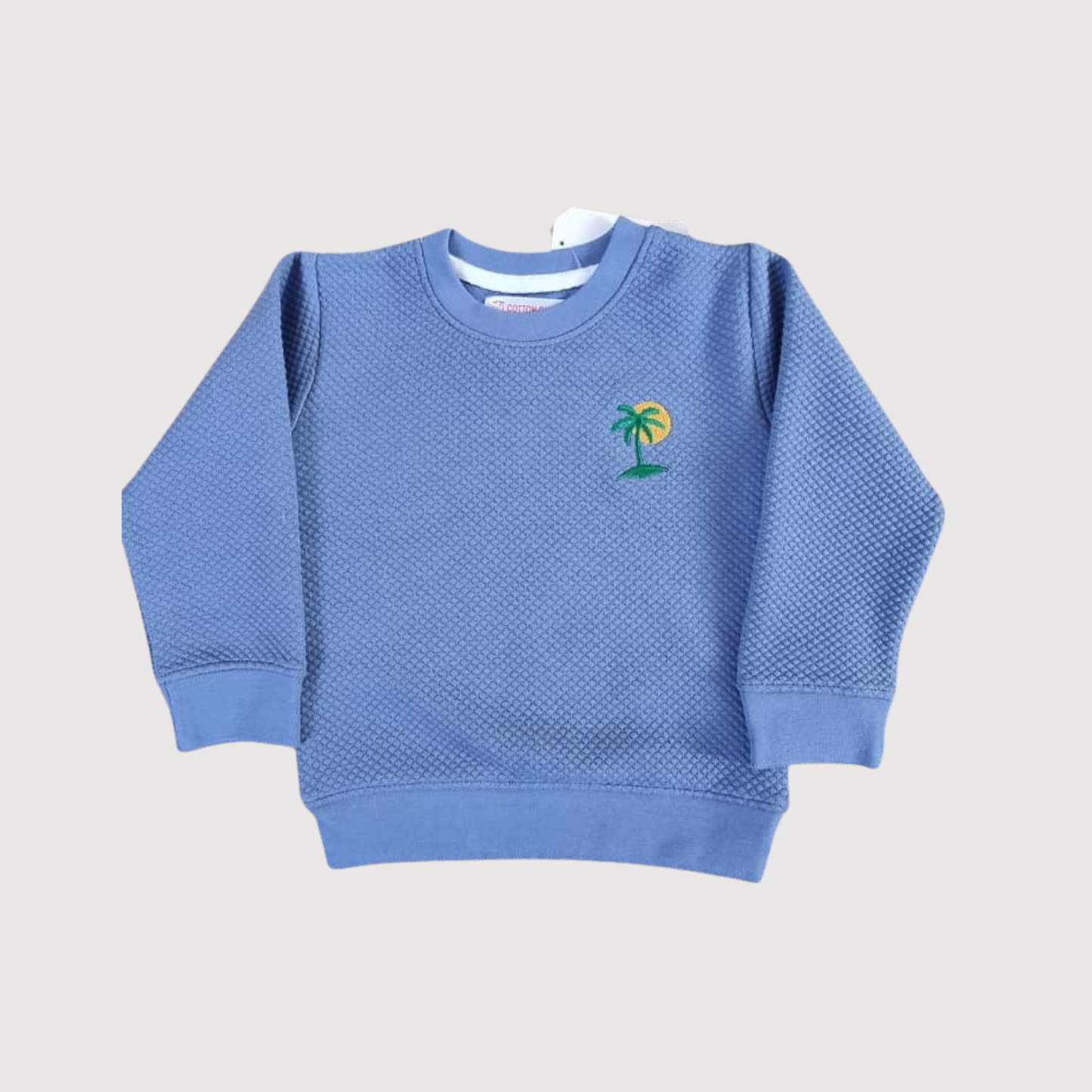 Blue Embroidered Sweatshirt for Boys – Palm Tree & Sun Design