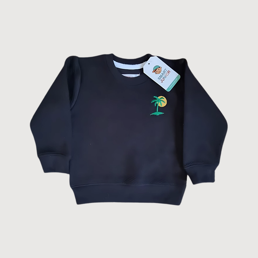 Black Embroidered Sweatshirt for Boys -Palm Tree & Sun Design