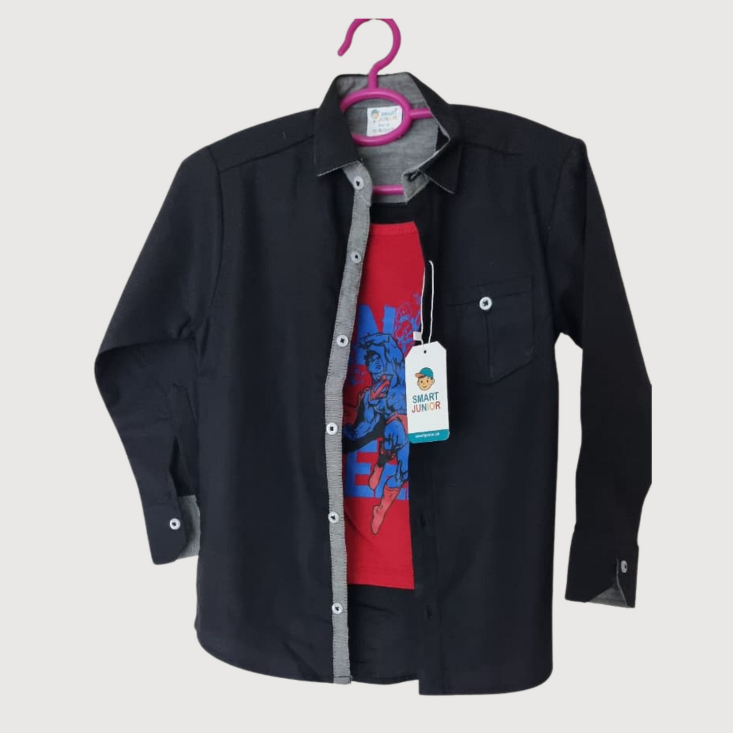 Boys 2-Piece Casual Set -Black Outer with Stylish Red Inner T-Shirt close