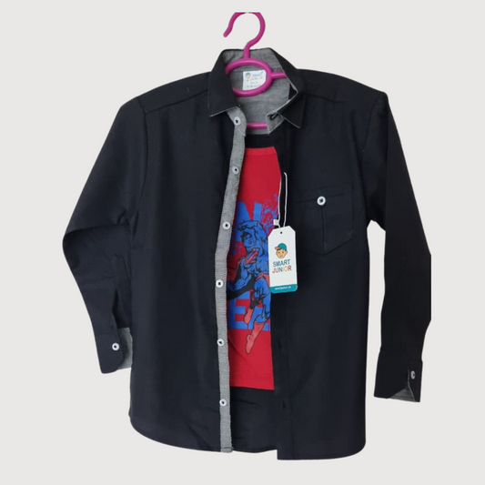 Boys 2-Piece Casual Set -Black Outer with Stylish Red Inner T-Shirt close