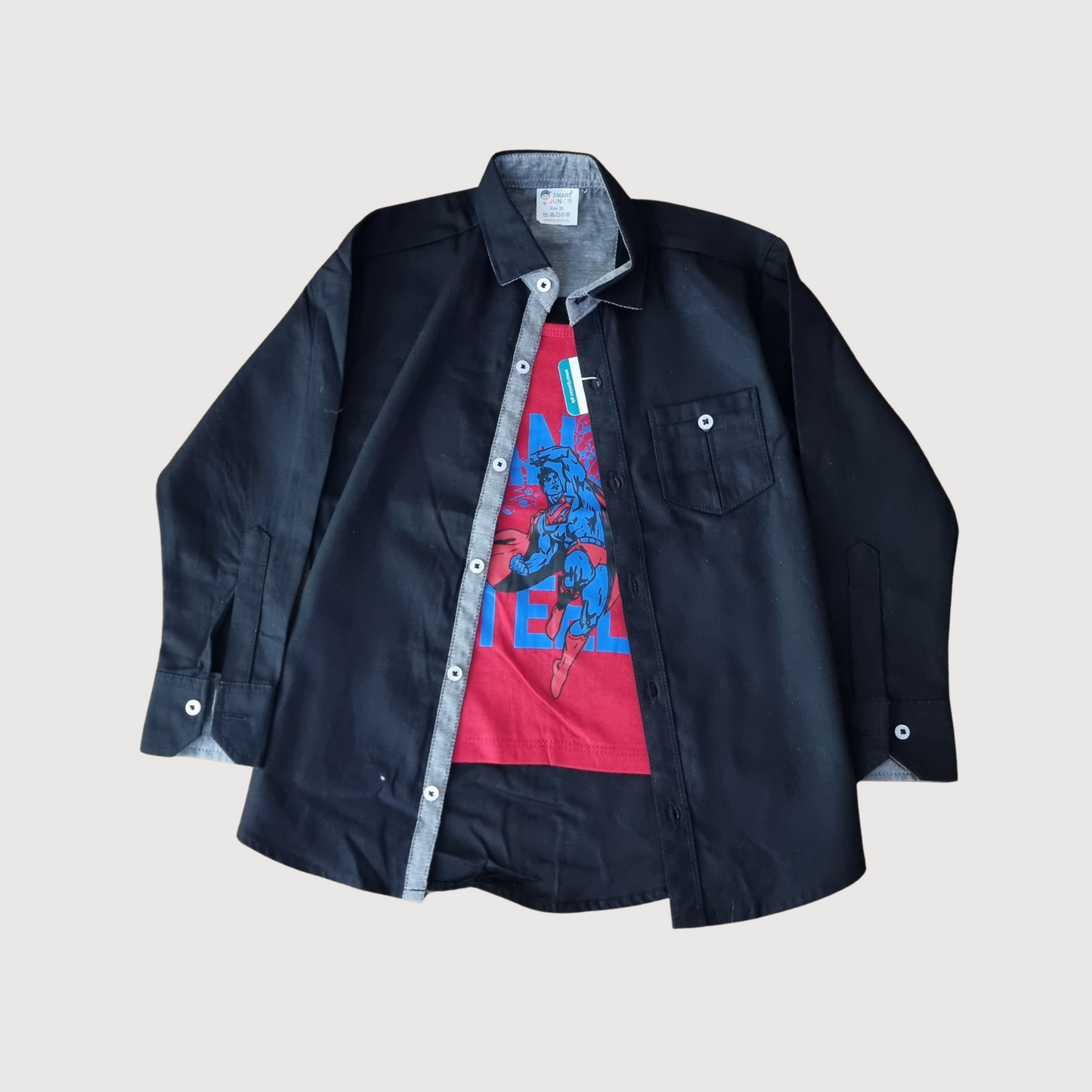 Boys 2-Piece Casual Set -Black Outer with Stylish Red Inner T-Shirt close