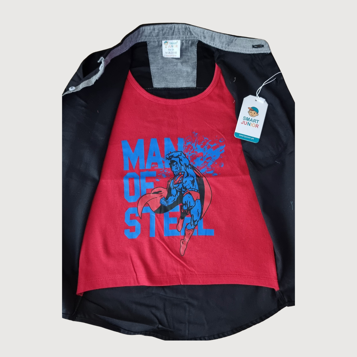 Boys 2-Piece Casual Set -Black Outer with Stylish Red Inner T-Shirt close