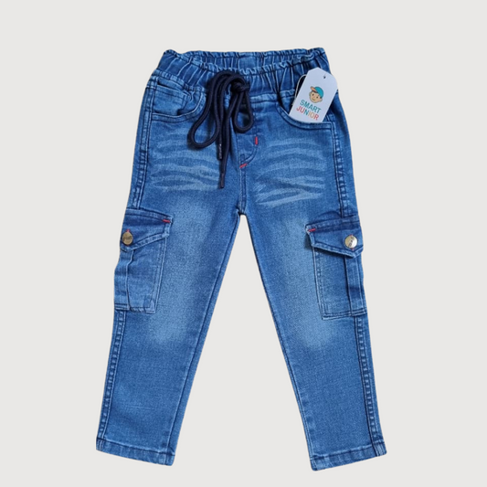 Kids Blue Denim Cargo Jeans -Soft Fabric, 6 Pocket Style
