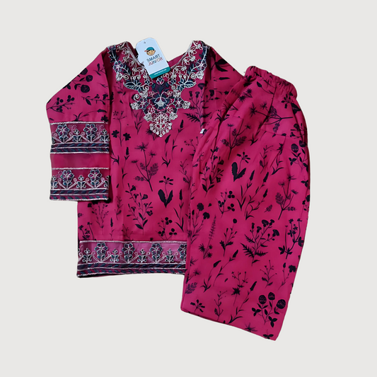 Pink Floral Embroidered 2-Piece Suit for Girls – Elegant Ready to Wear Outfit